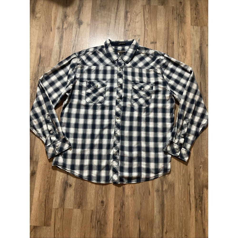 Helix Plaid Button Down Shirt Athletic Fit Western Cowboy Blue White Mens XXL
